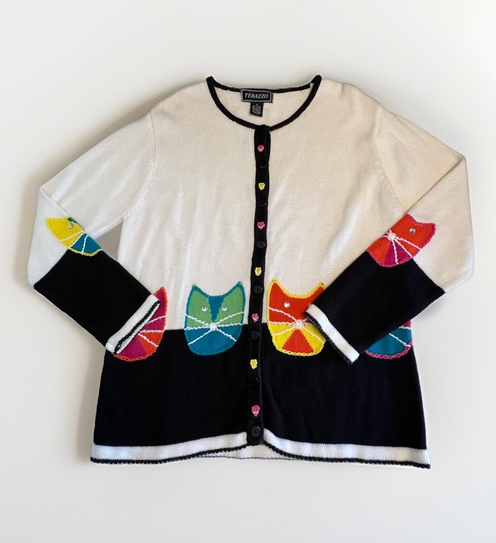 Vintage Cat Cardigan Sweater Colorful Applique Size Medium Black White Terazzo